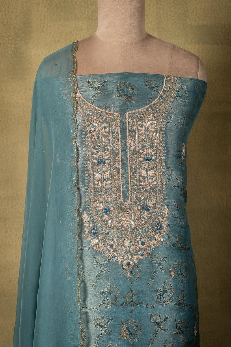 Blue Shimmer Silk Brocade Embroidered Unstitched Suit