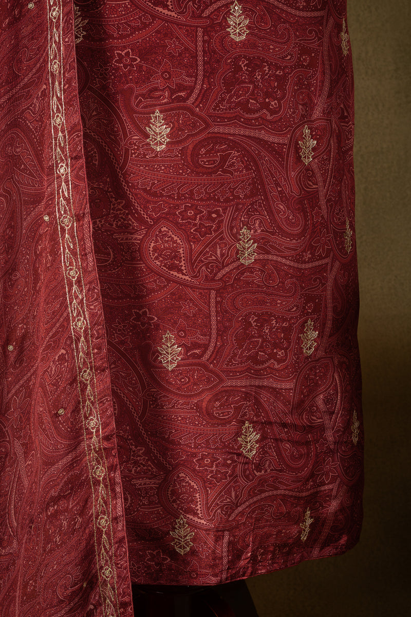 Maroon Crepe Silk Embroidered Unstitched Suit