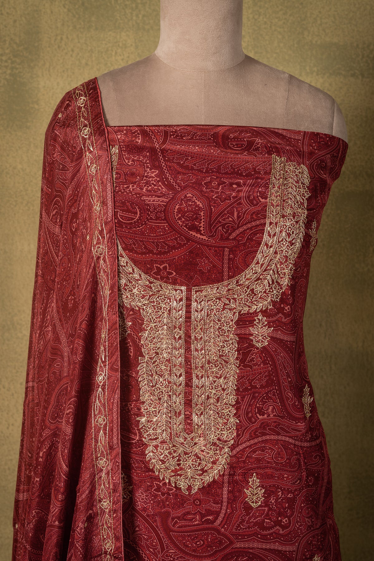 Maroon Crepe Silk Embroidered Unstitched Suit