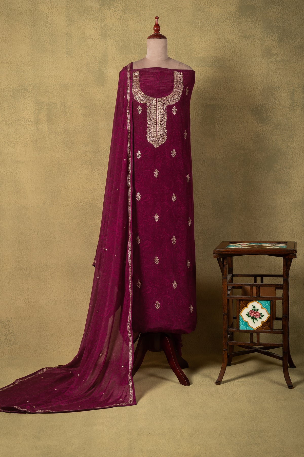 Magenta Muslin Embroidered Unstitched Suit