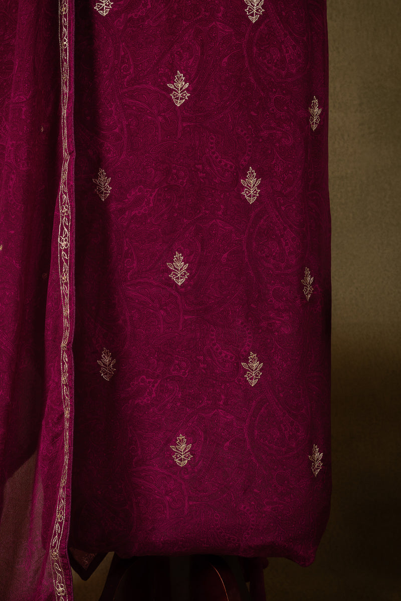 Magenta Muslin Embroidered Unstitched Suit
