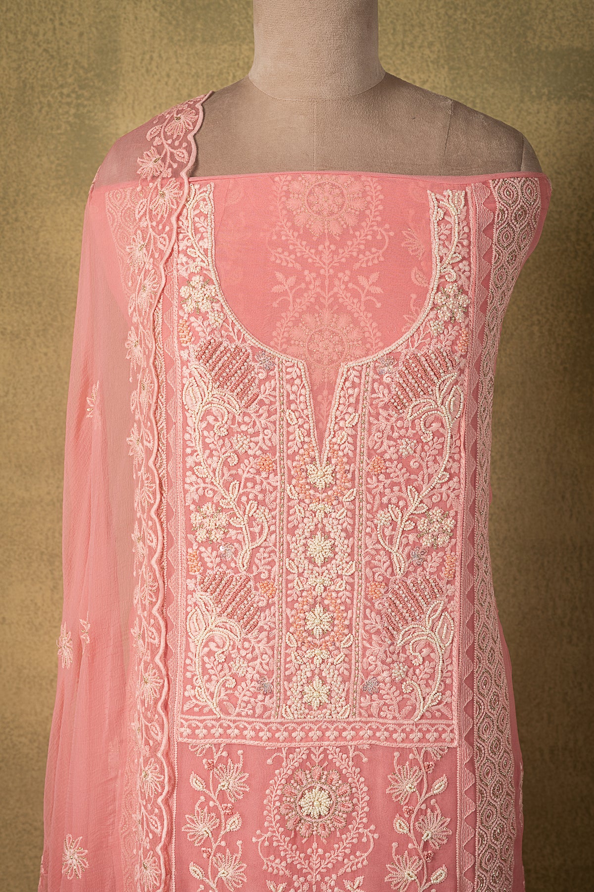 Peach Georgette Parsi Embroidered Unstitched Suit Sterling House