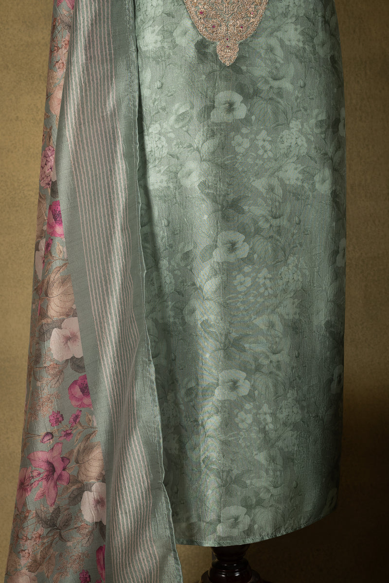Sage Green Silk Blend Floral Embroidered Unstitched Suit