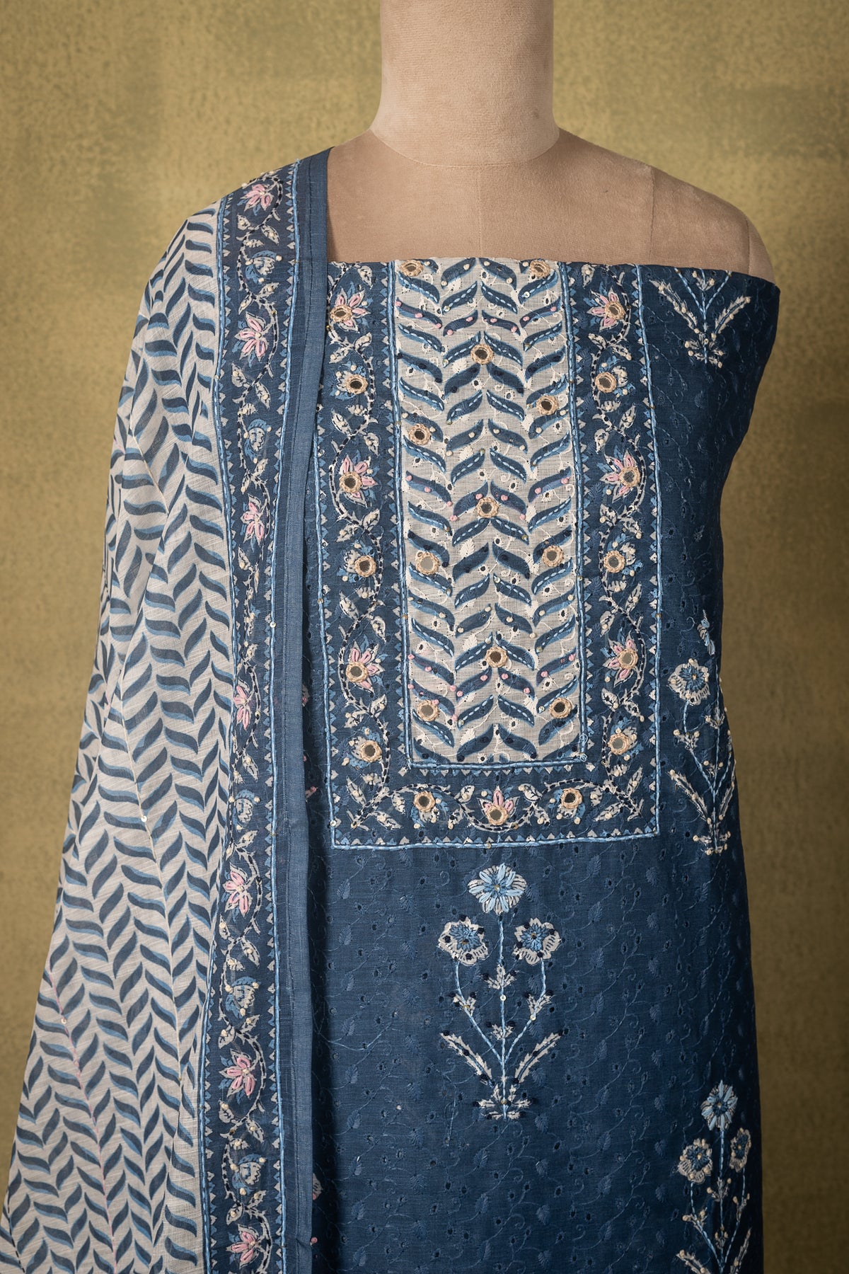 Blue Linen Cotton Floral Embroidered Unstitched Suit Sterling House
