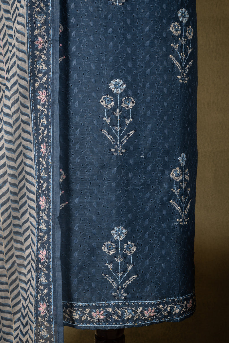Blue Linen Cotton Floral Embroidered Unstitched Suit Sterling House