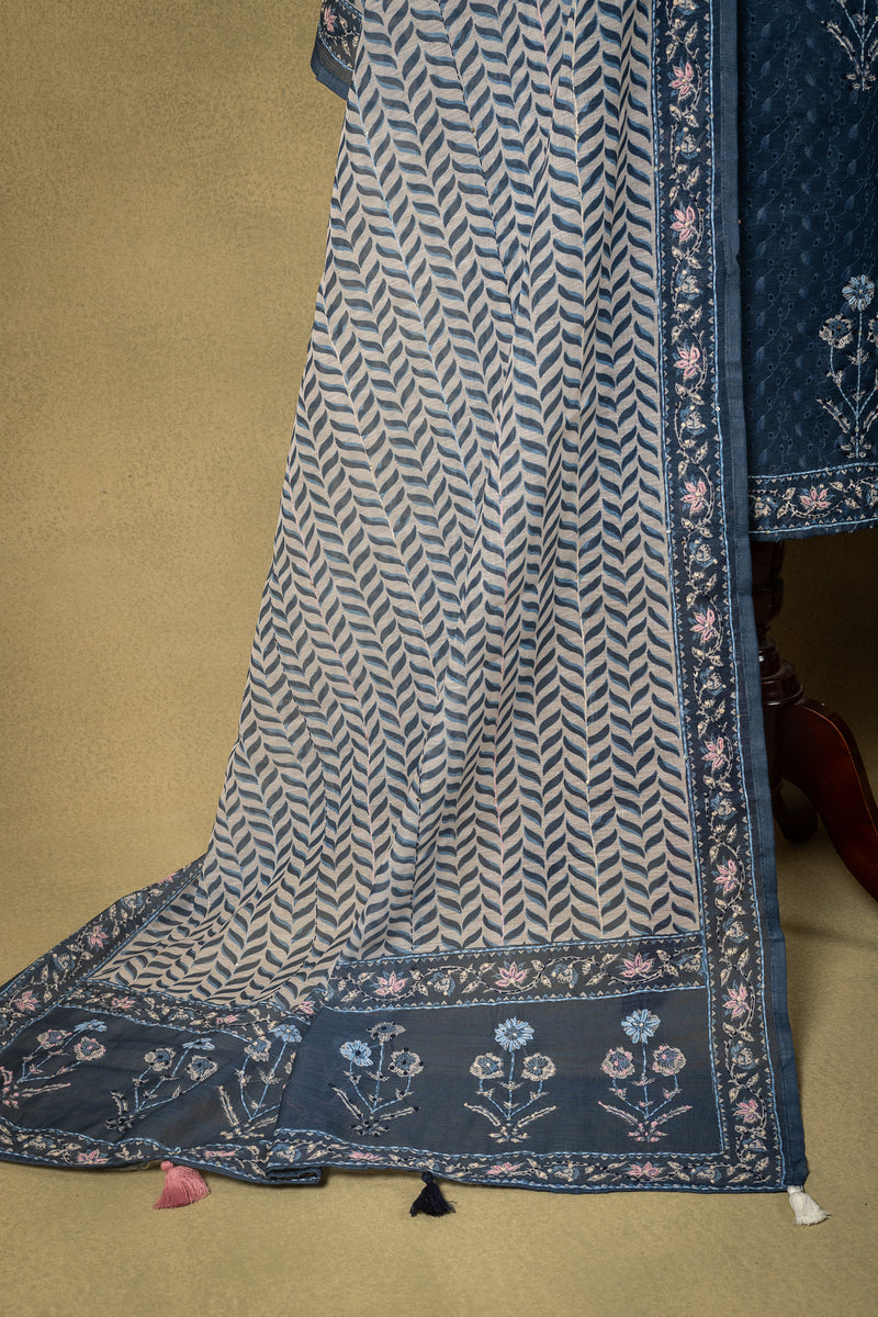 Blue Linen Cotton Floral Embroidered Unstitched Suit Sterling House