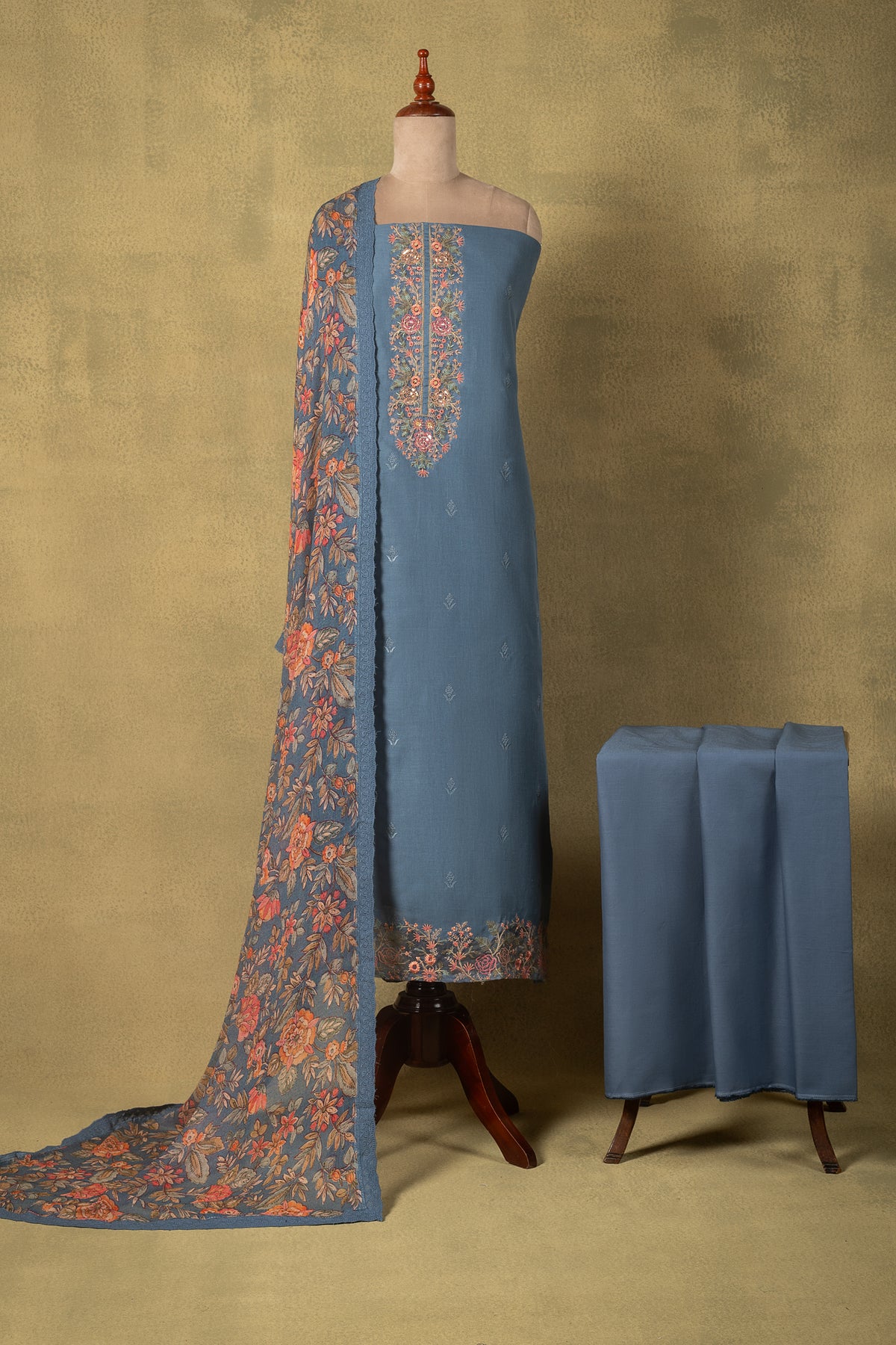 Blue Linen Cotton Floral Embroidered Unstitched Suit