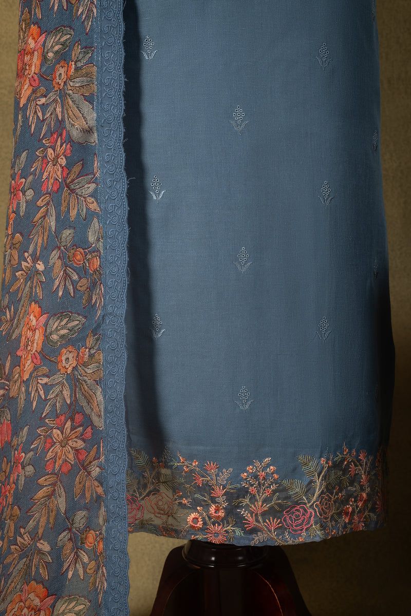 Blue Linen Cotton Floral Embroidered Unstitched Suit
