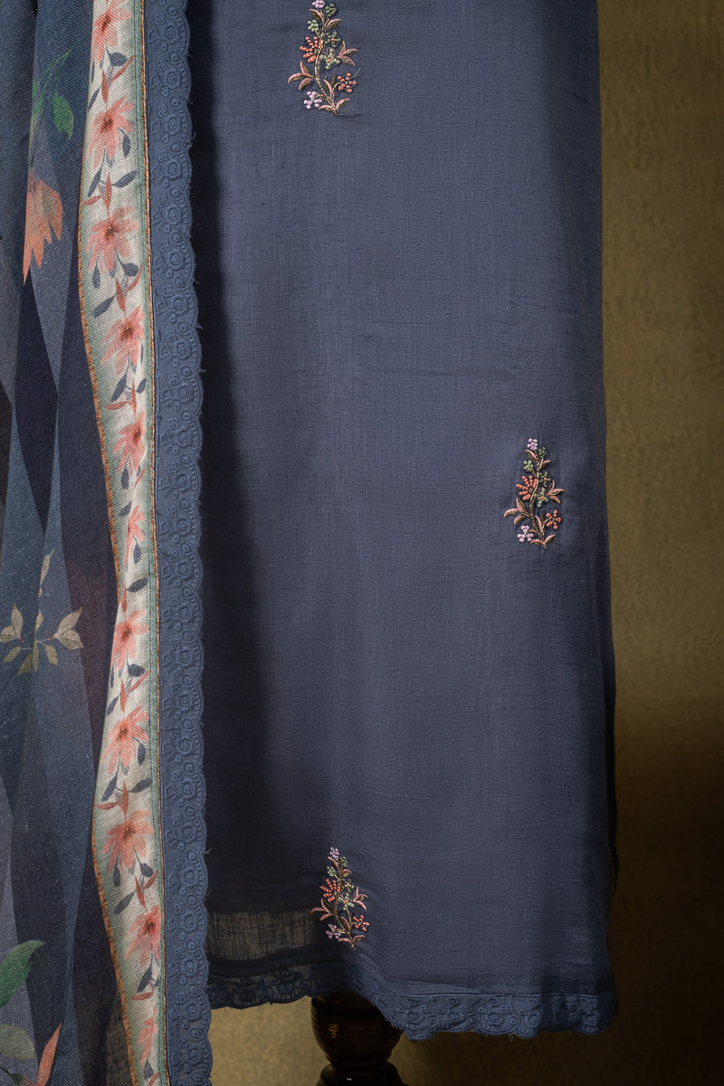 Blue Floral Linen Cotton Embroidered Unstitched Suit Sterling House