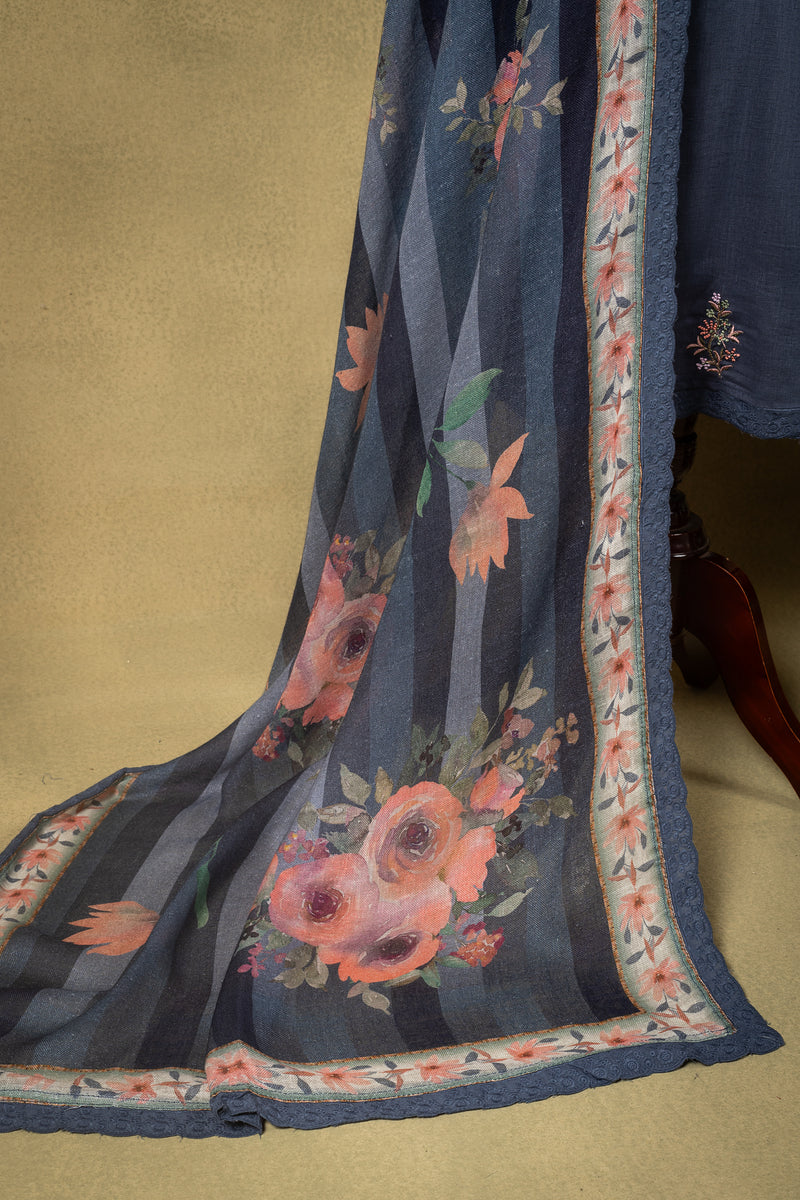 Blue Floral Linen Cotton Embroidered Unstitched Suit Sterling House