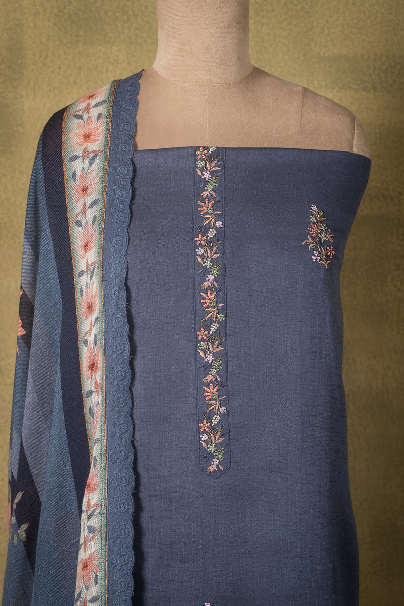 Blue Floral Linen Cotton Embroidered Unstitched Suit Sterling House