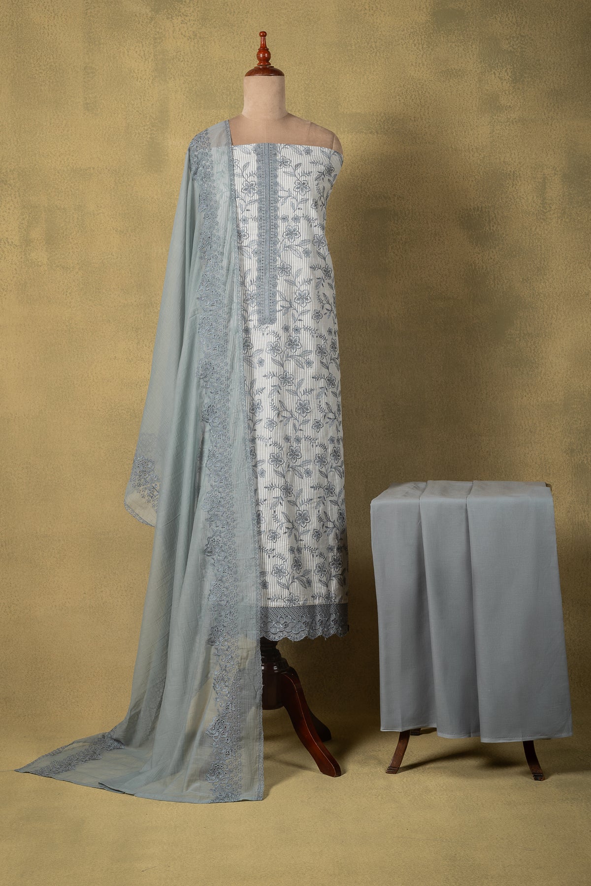 Grey Cotton Embroidered Unstitched Suit