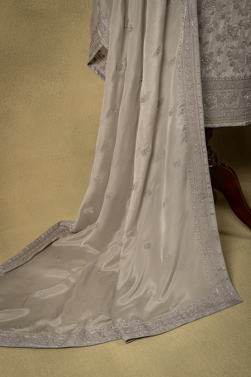 Silver Grey Crepe Sequin Embroidered Unstitched Suit