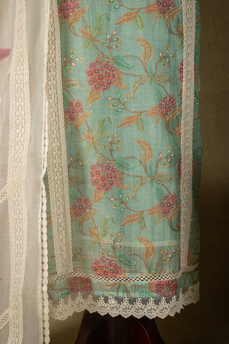 Sea Green Mul Floral Embroidered Unstitched Suit