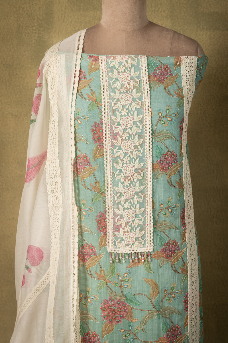 Sea Green Mul Floral Embroidered Unstitched Suit