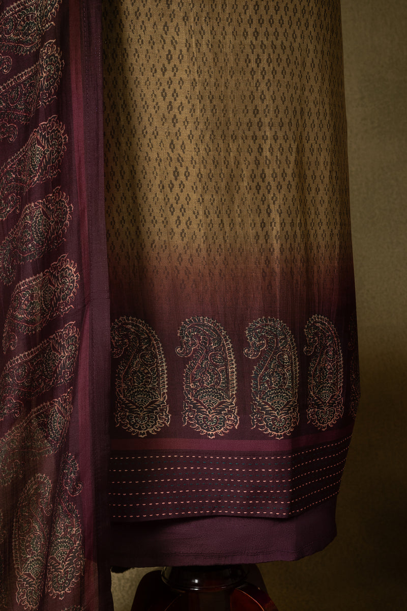 Beige Purple Ombre Soft Silk Printed Unstitched Suit