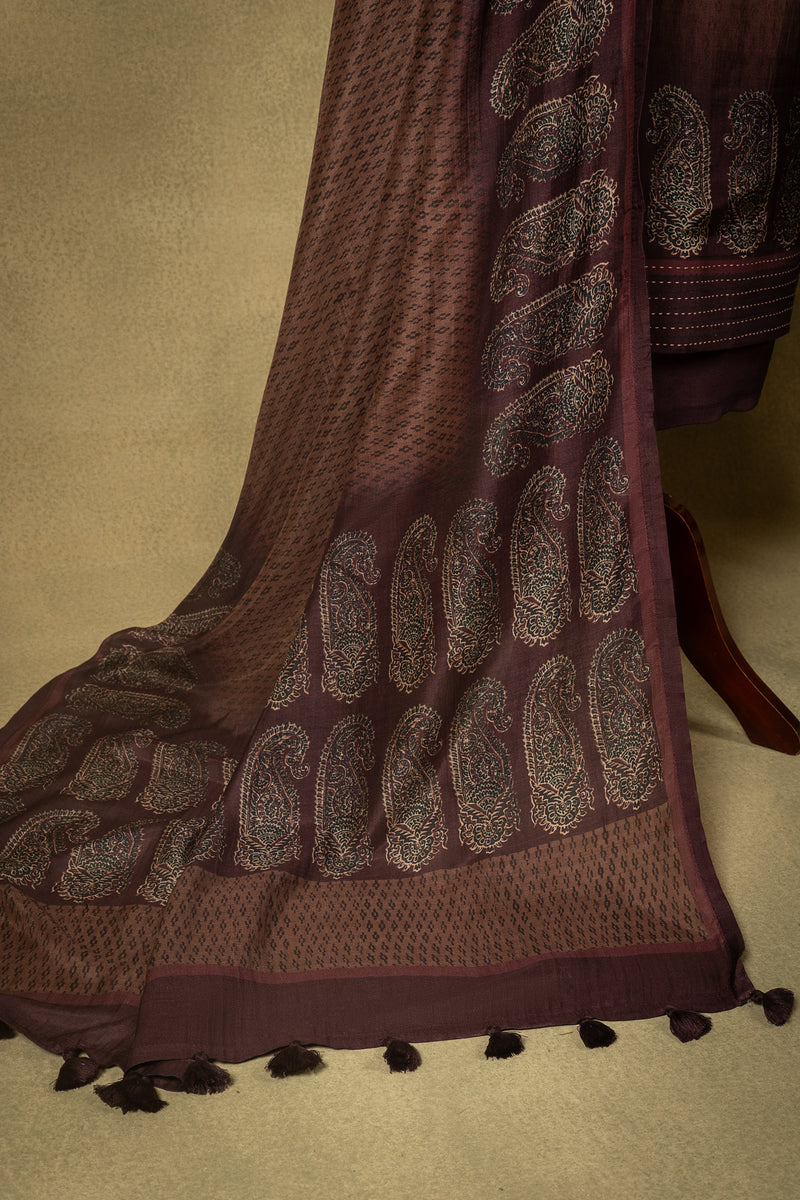 Dark Brown Ombre Soft Silk Printed Unstitched Suit