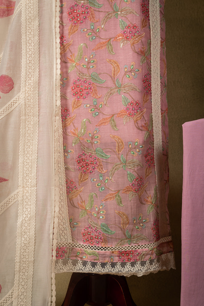 Pink Mul Floral Embroidered Unstitched Suit