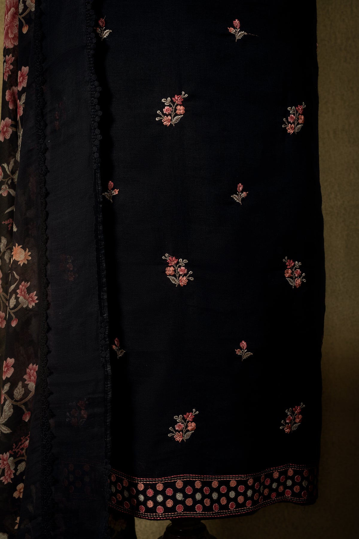 Black Floral Linen Cotton Embroidered Unstitched Suit Sterling house