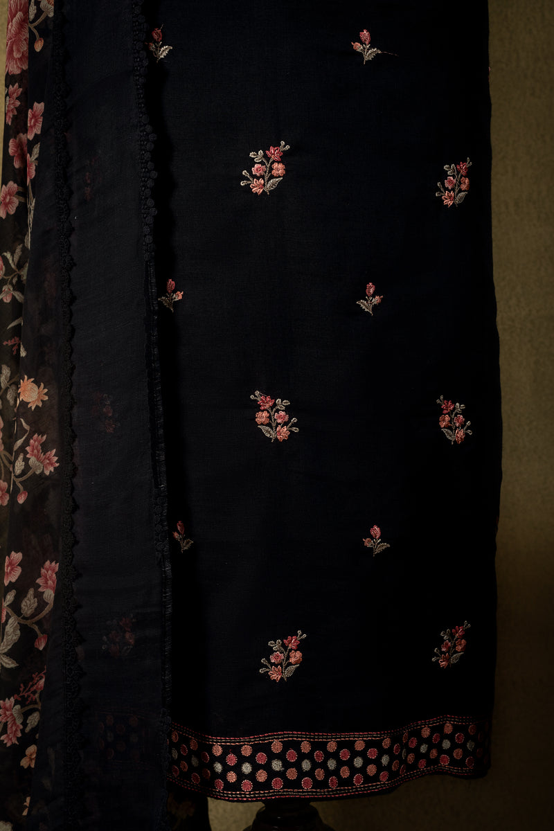 Black Floral Linen Cotton Embroidered Unstitched Suit Sterling house