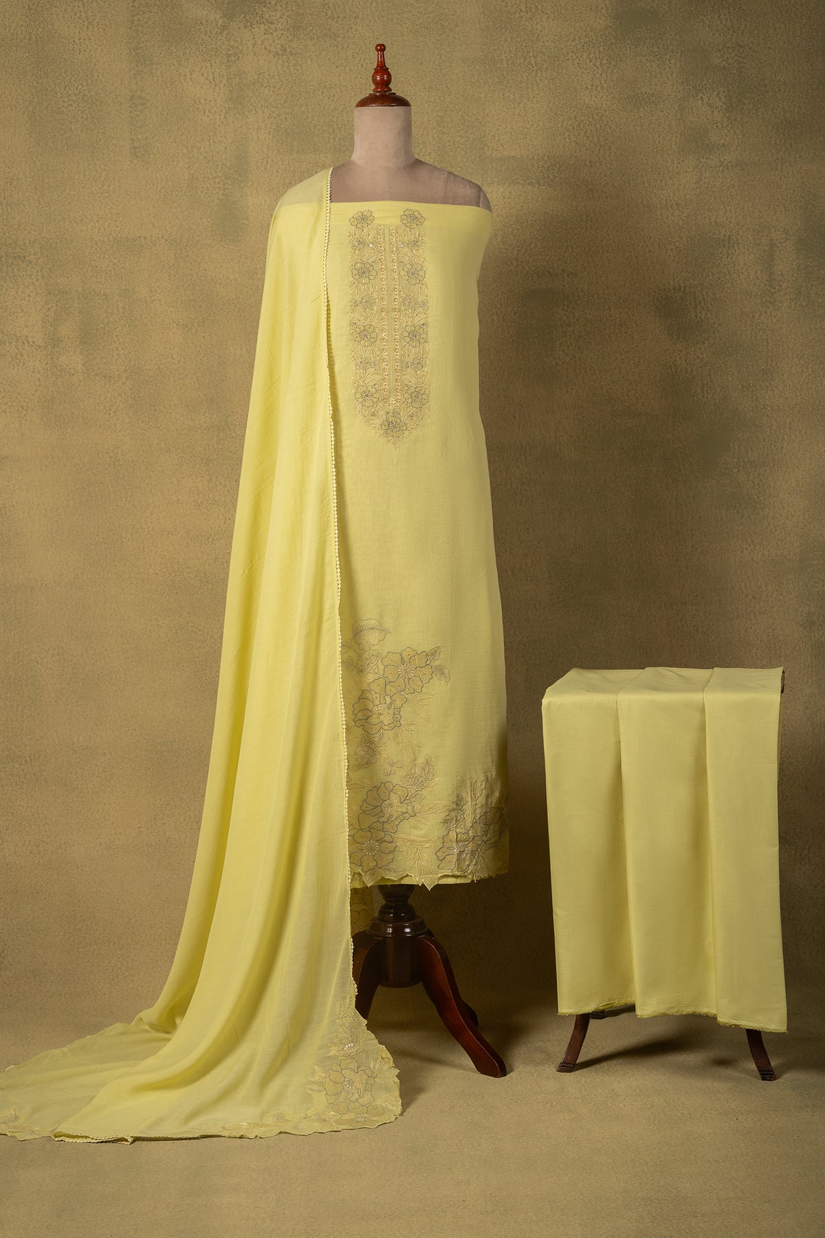 Pastel Yellow Embroidered Mul Unstitched Suit