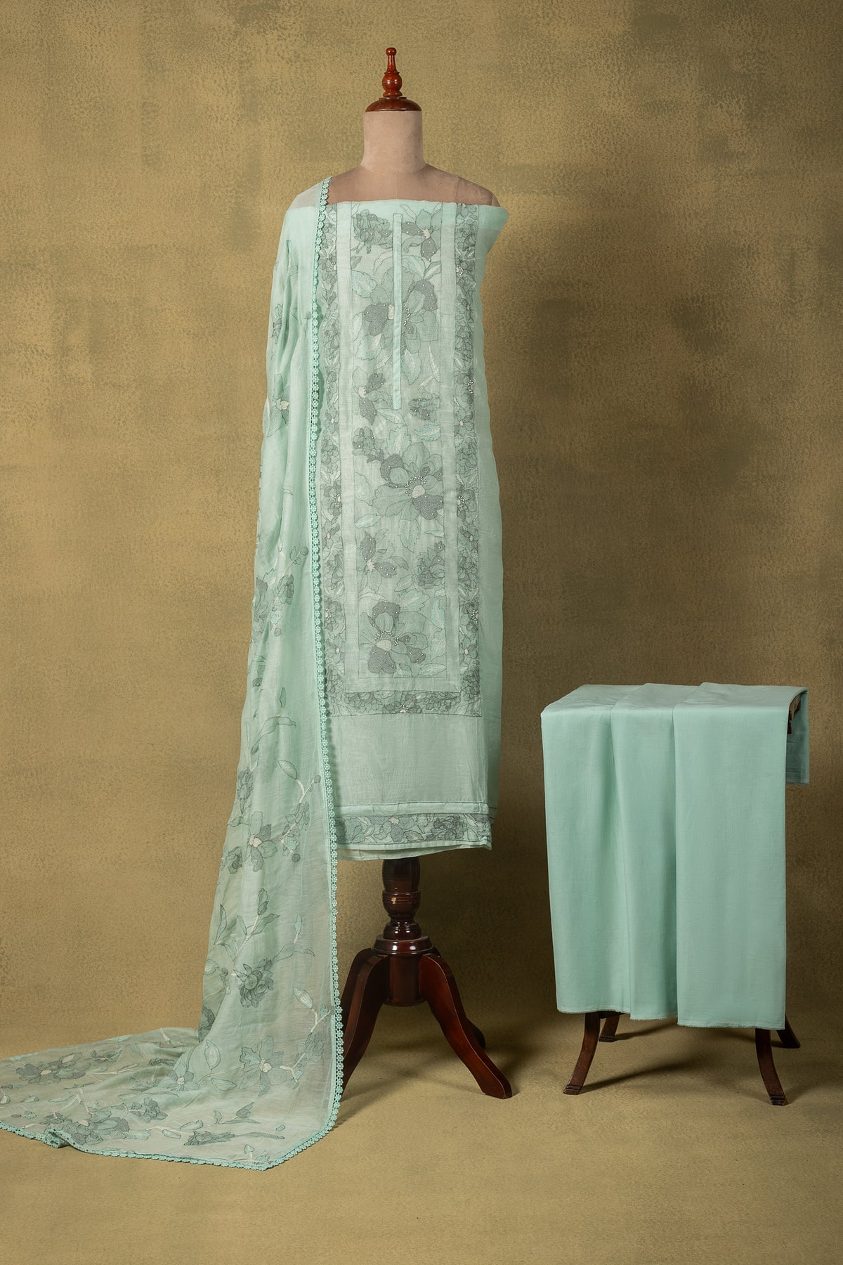 Mint Green Floral Embroidered Mul Unstitched Suit