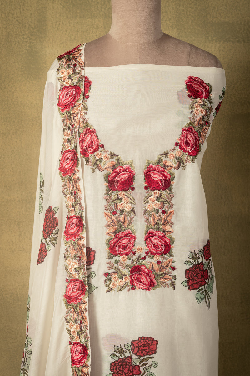 White Floral Embroidery Unstitched Suit Set Sterling House