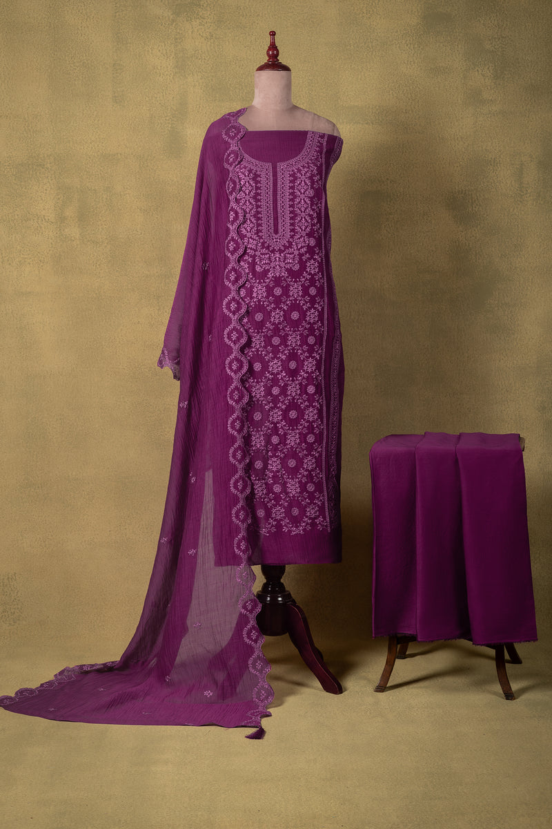 Magenta Floral Embroidered Mul Unstitched Suit