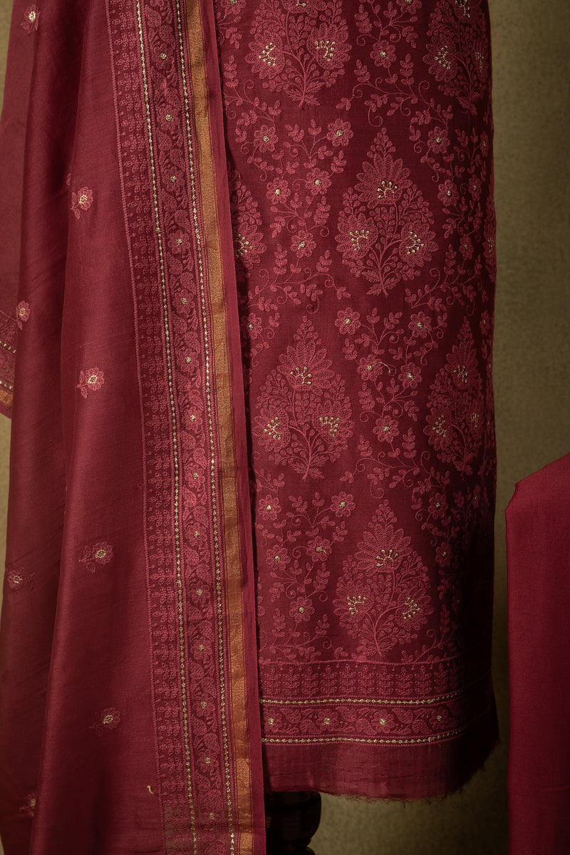 Deep Maroon Paisley Embroidered Mul Unstitched Suit Sterling House