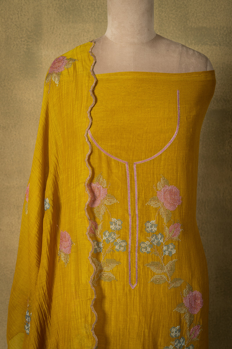 Mustard Yellow Floral Embroidered Mul Unstitched Suit