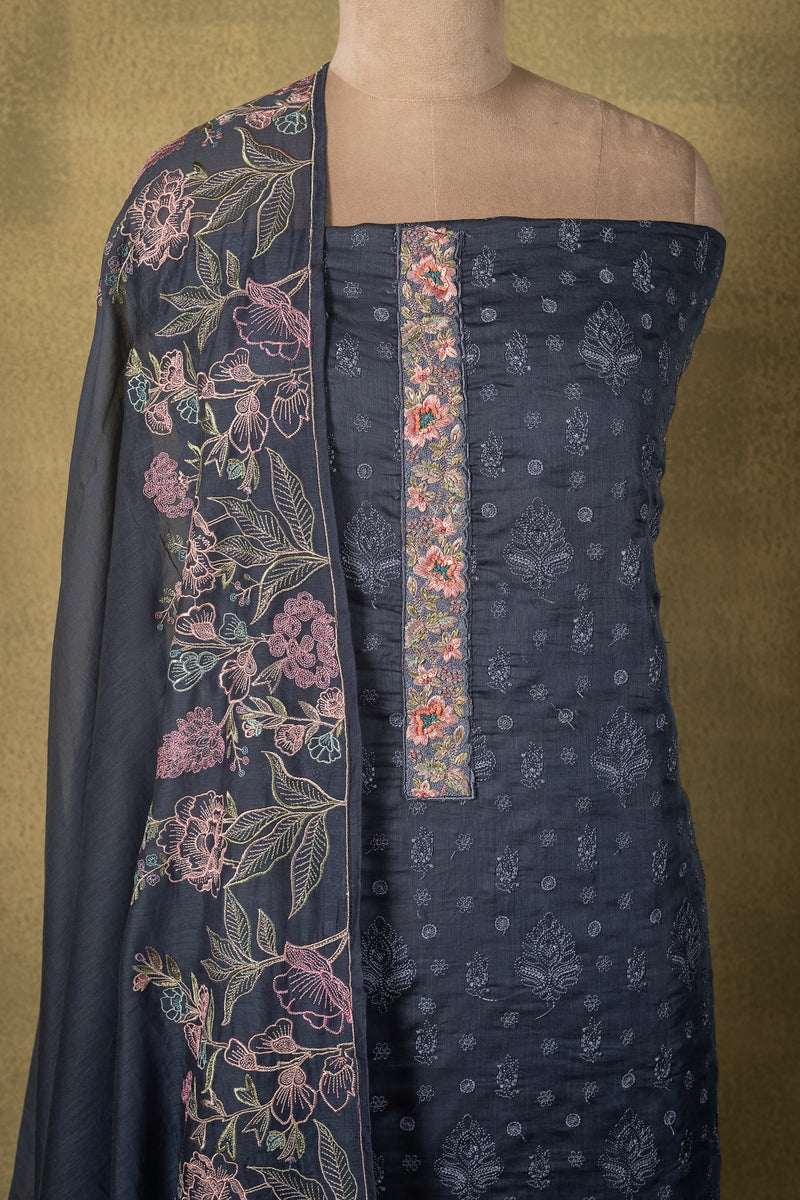 Slate Blue Linen Cotton Embroidered Unstitched Suit Sterling House