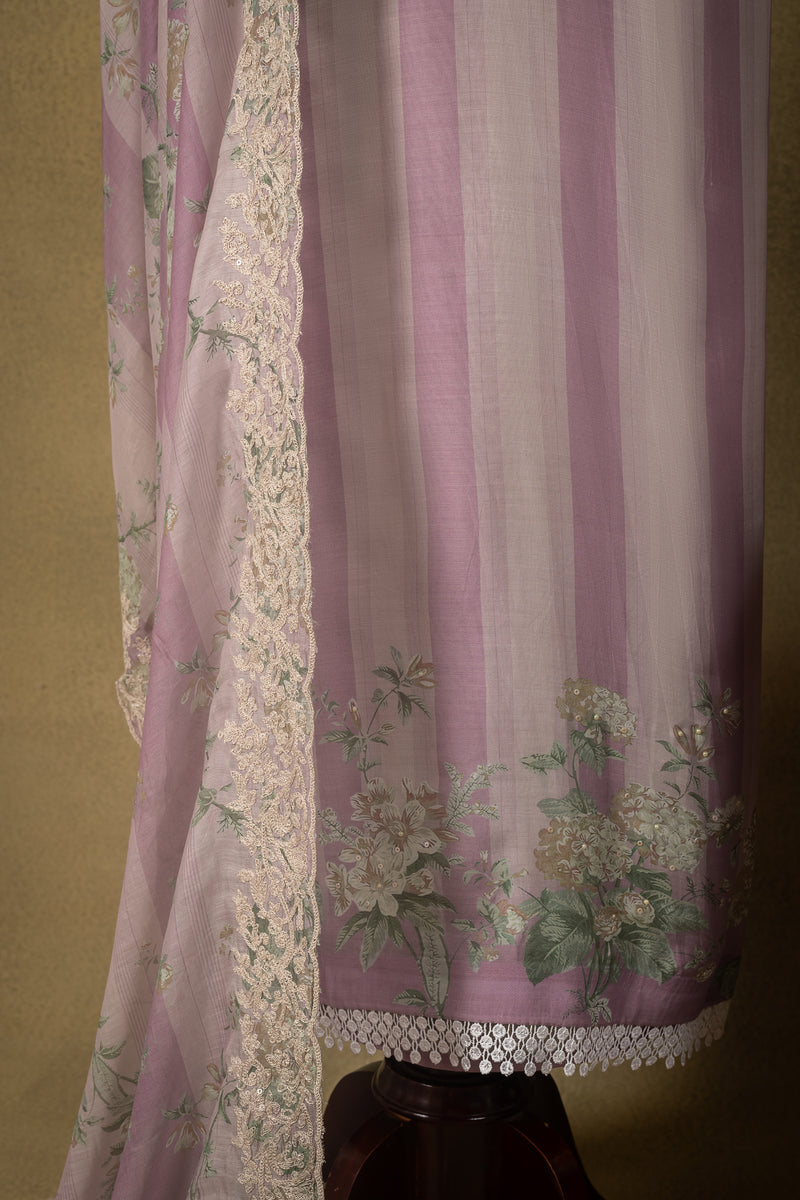 Dusty Mauve Striped Muslin Embroidered Unstitched Suit Sterling House