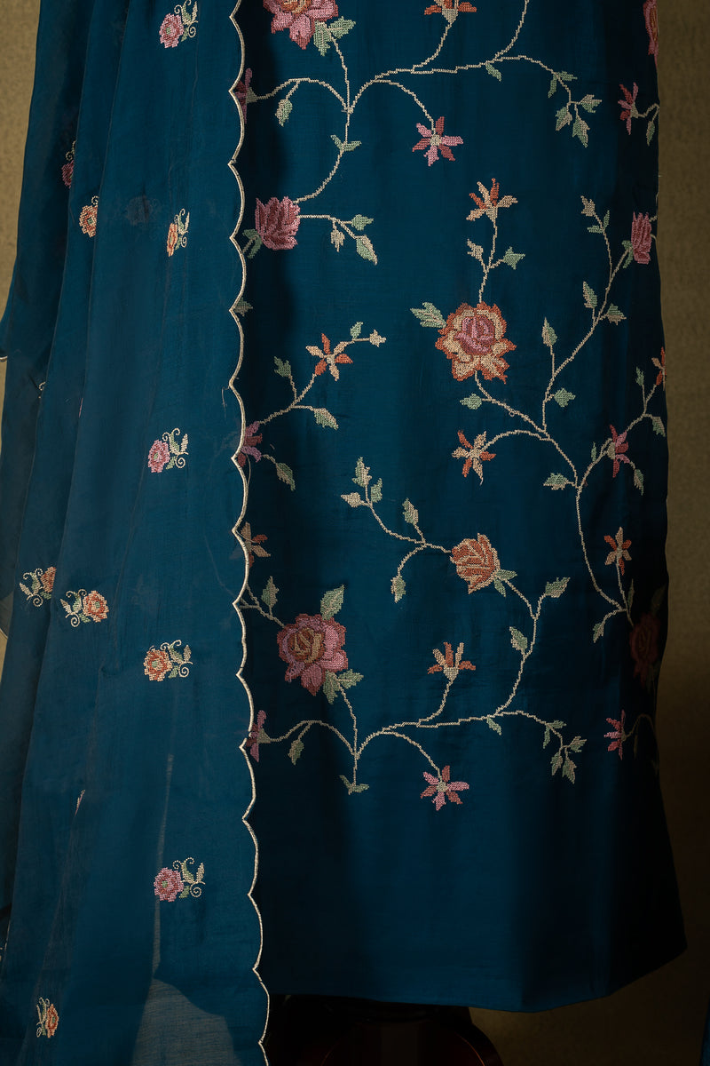 Peacock Blue Floral Muslin Embroidered Unstitched Suit Sterling House