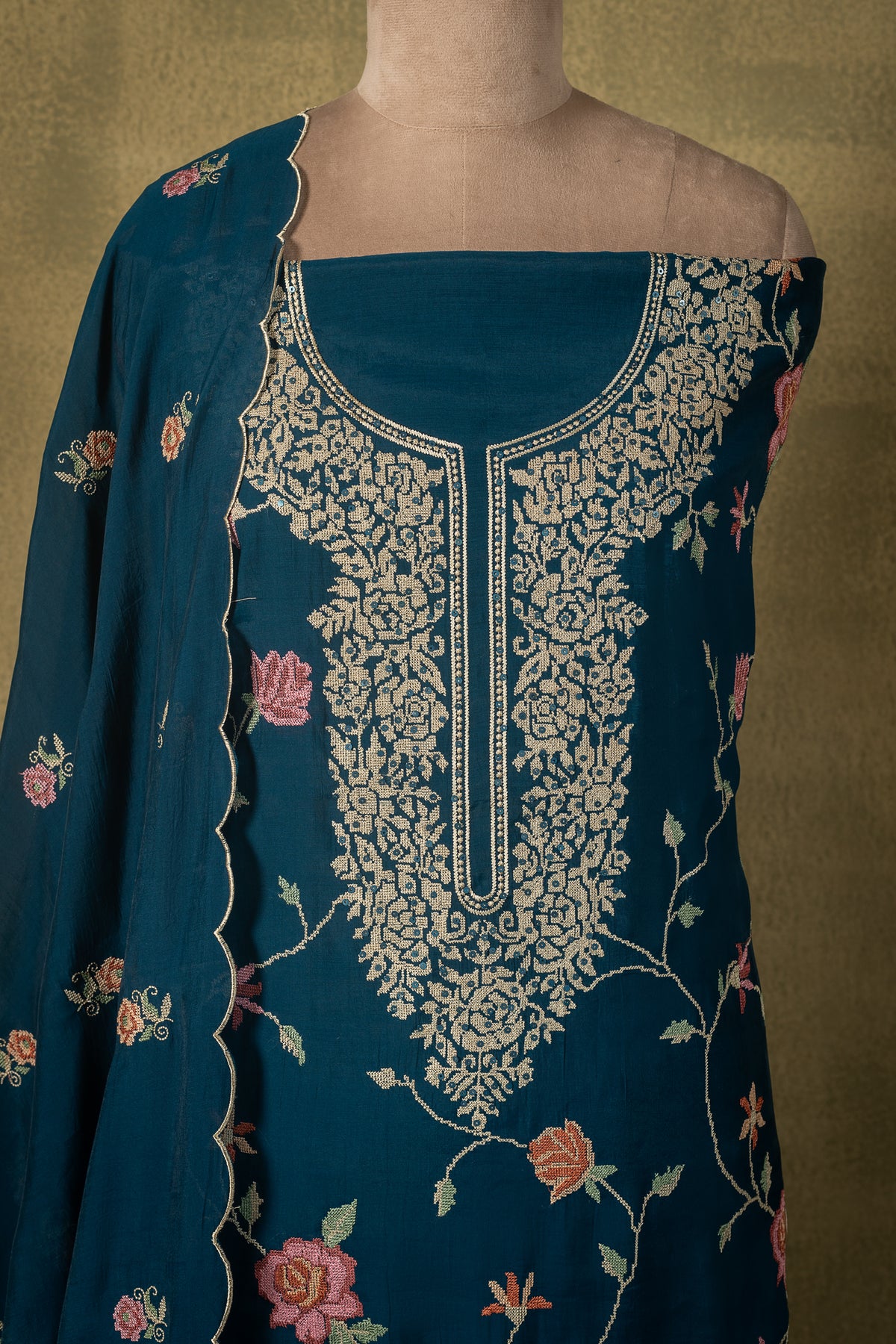Peacock Blue Floral Muslin Embroidered Unstitched Suit Sterling House