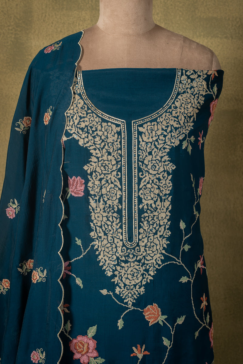 Peacock Blue Floral Muslin Embroidered Unstitched Suit Sterling House