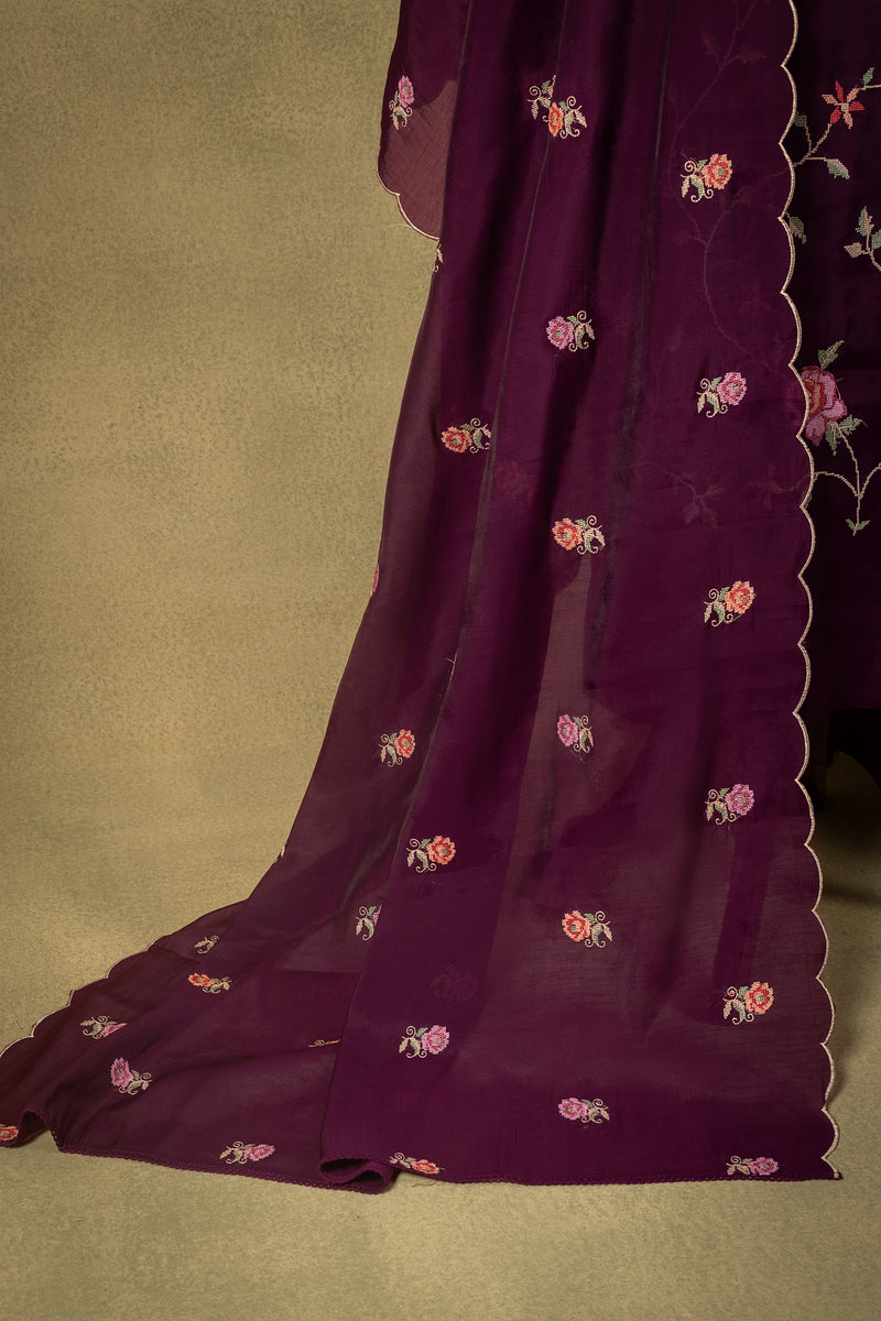 Deep Plum Floral Muslin Embroidered Unstitched Suit Sterling House