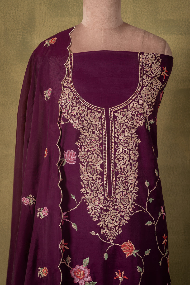 Deep Plum Floral Muslin Embroidered Unstitched Suit Sterling House