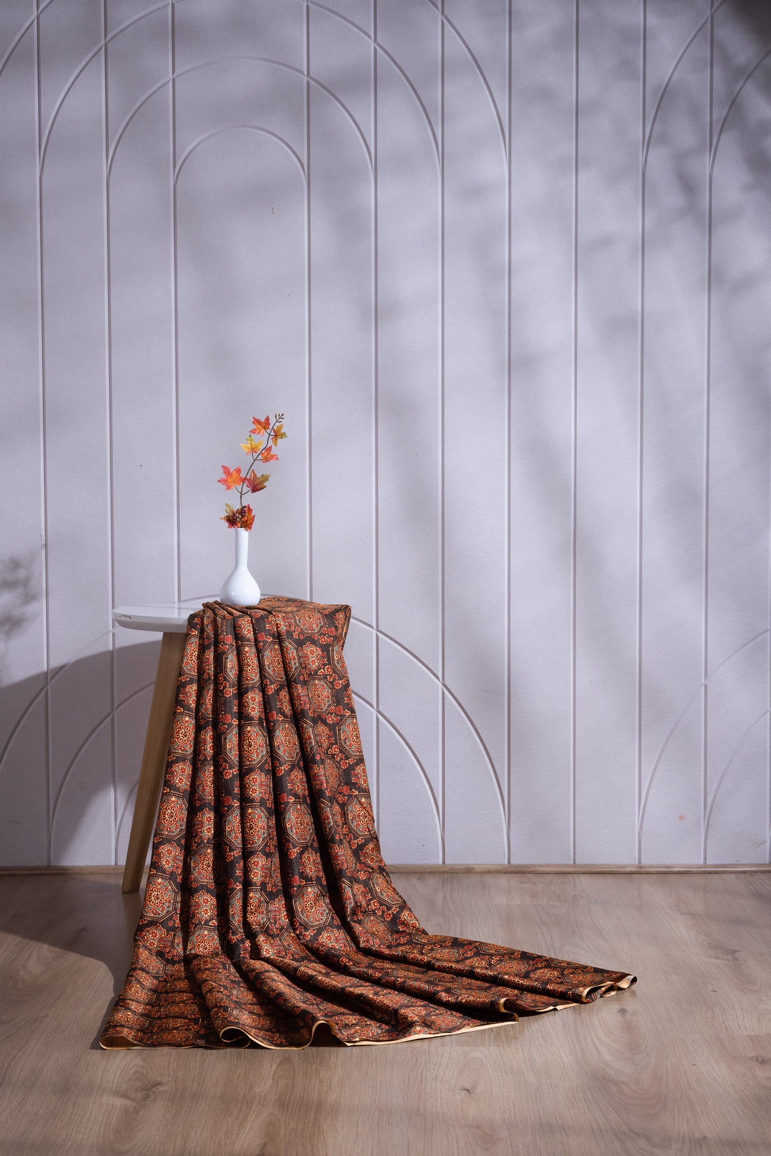 Luxe Black With Rust Printed Blend Silk Fabric Sterling House