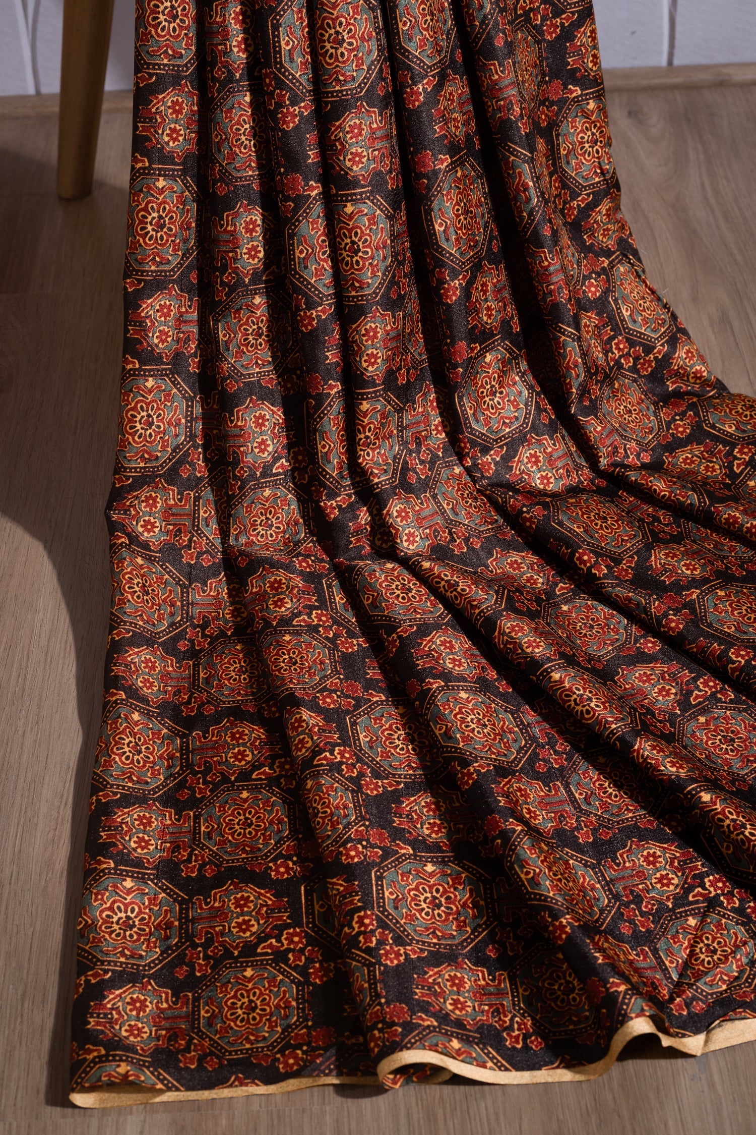 Luxe Black With Rust Printed Blend Silk Fabric Sterling House