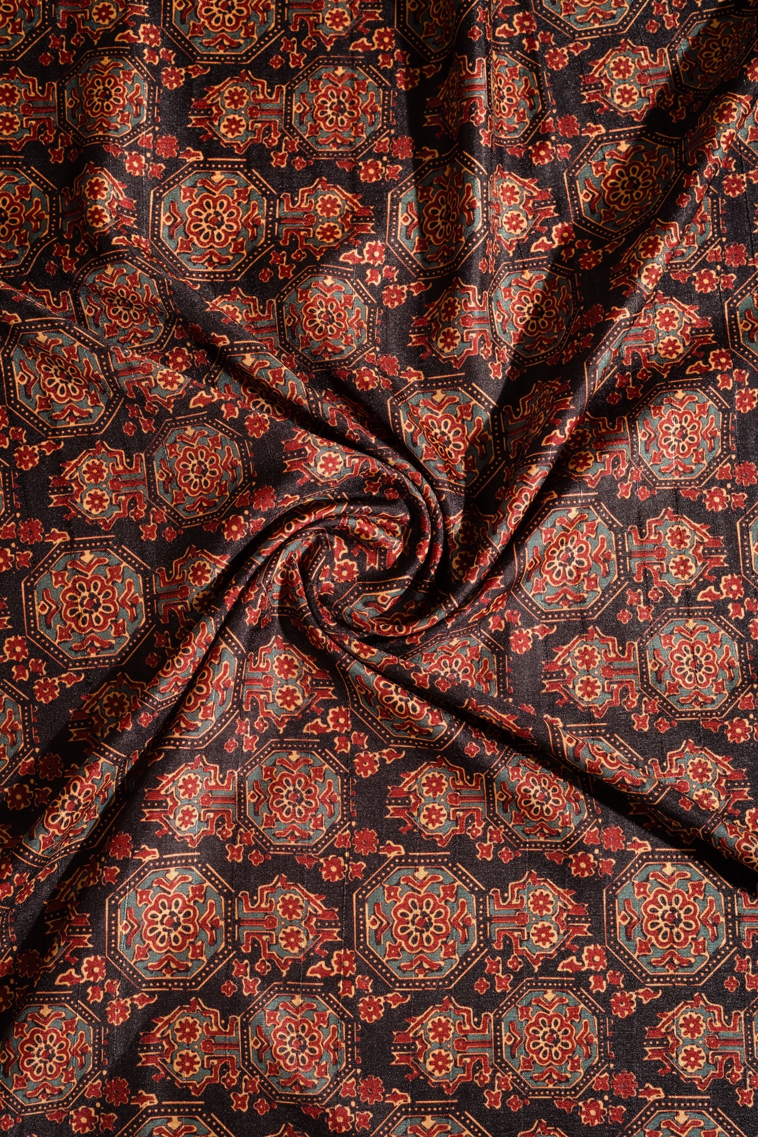 Luxe Black With Rust Printed Blend Silk Fabric Sterling House