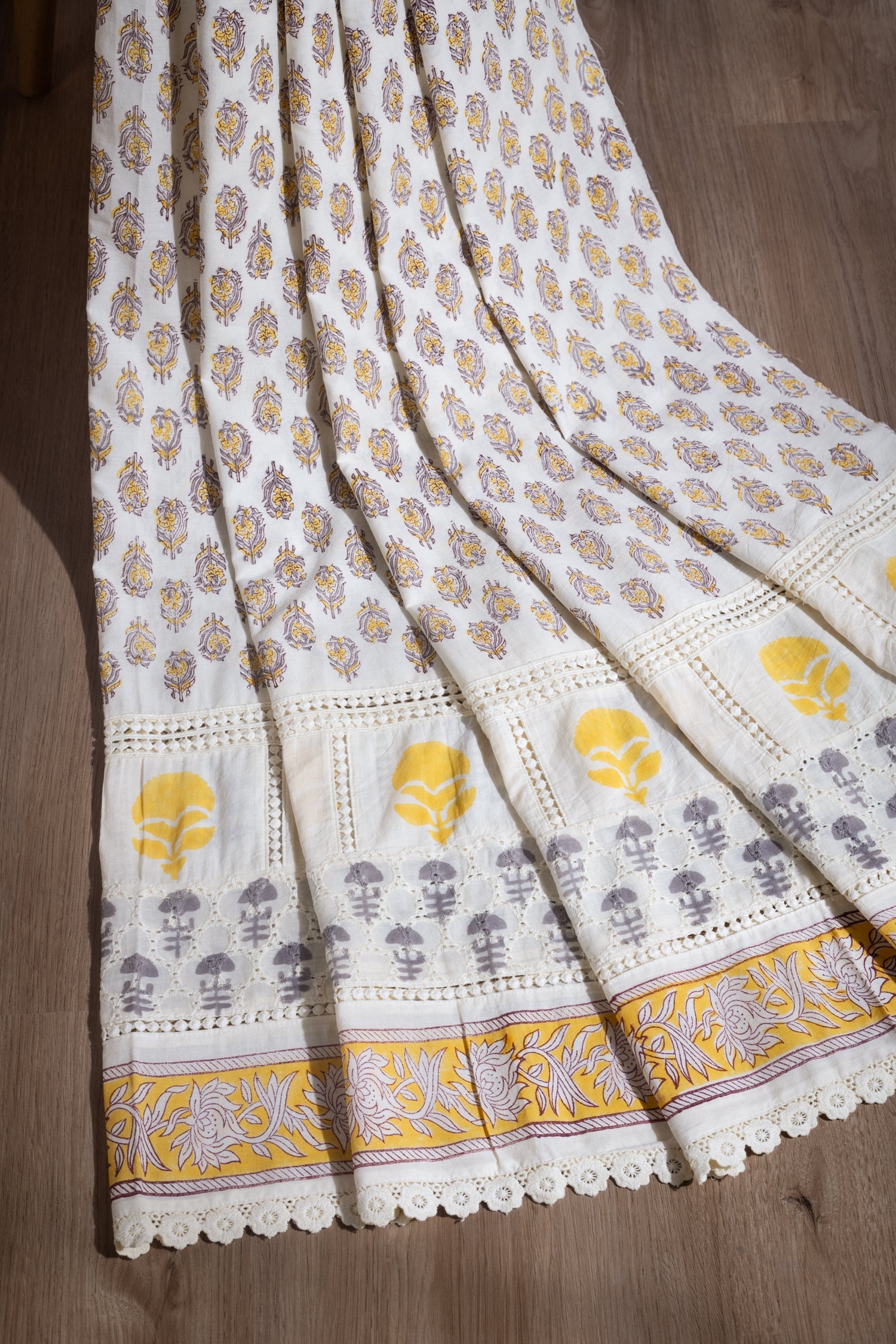 Afreen White With Yellow Lace Organic Printed Cotton Fabric Sterling House
