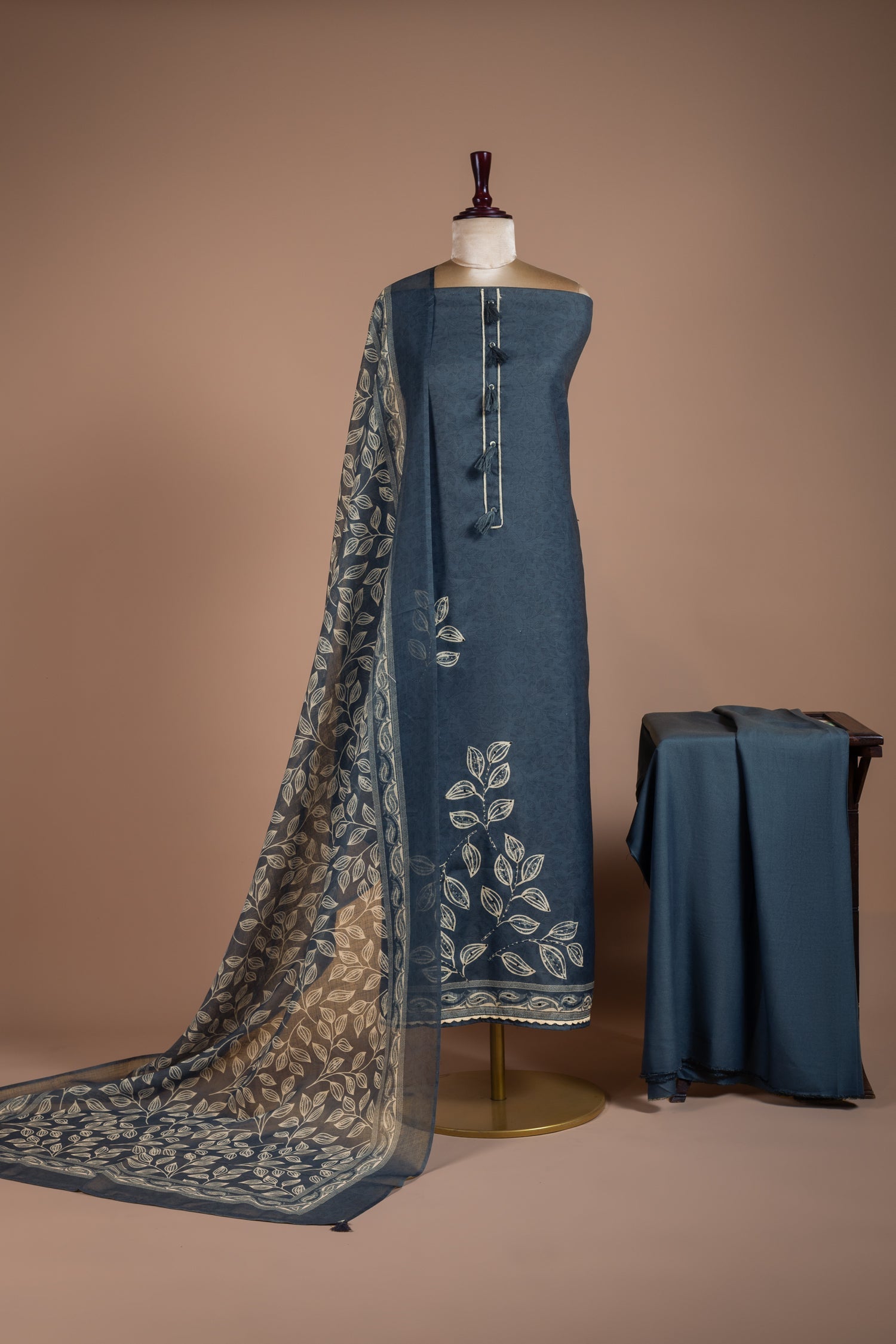 Linen Cotton Navy Blue Unstitched Suit Set Sterling House