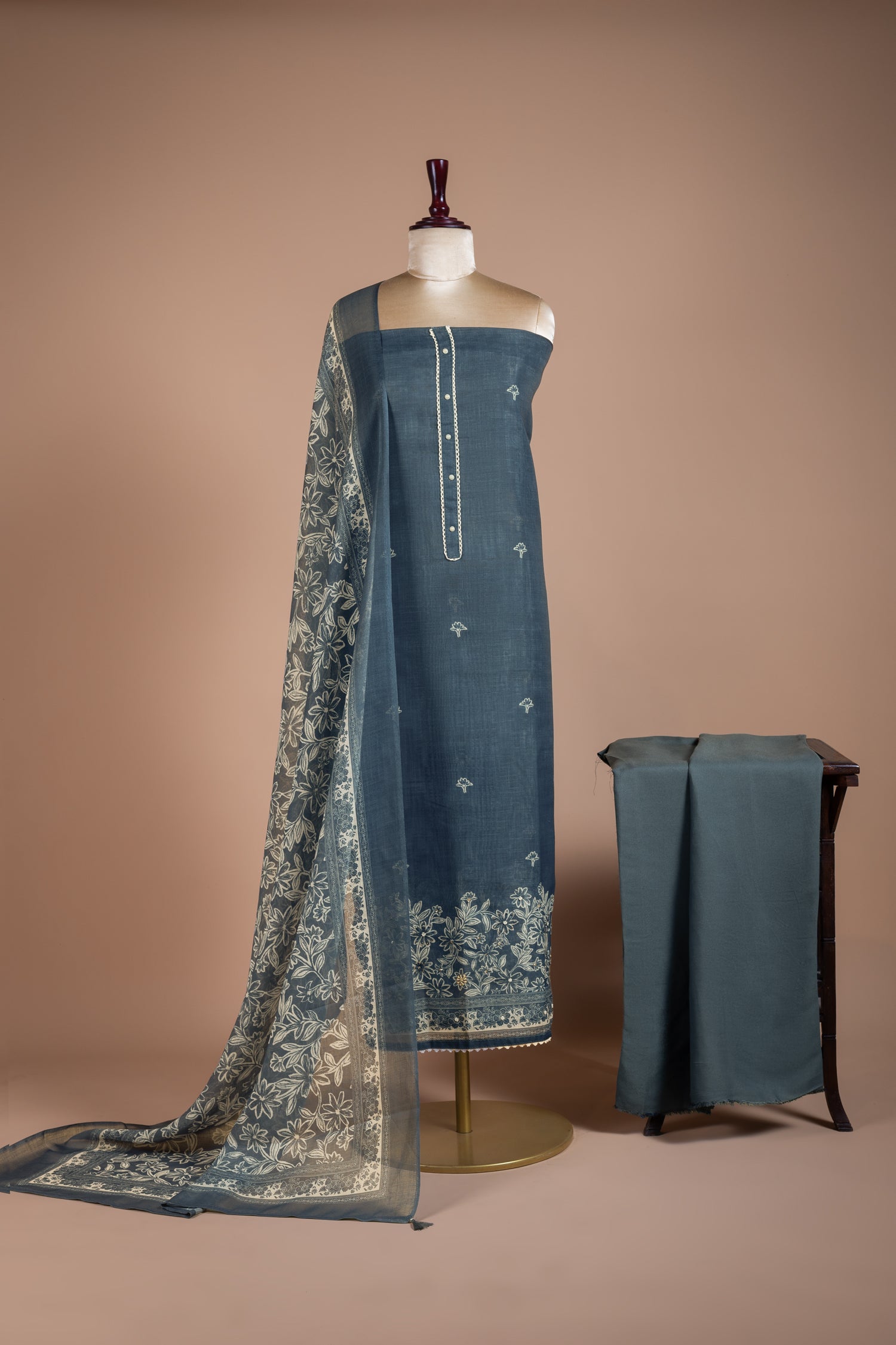 Linen Cotton Navy Blue Unstitched Suit Set