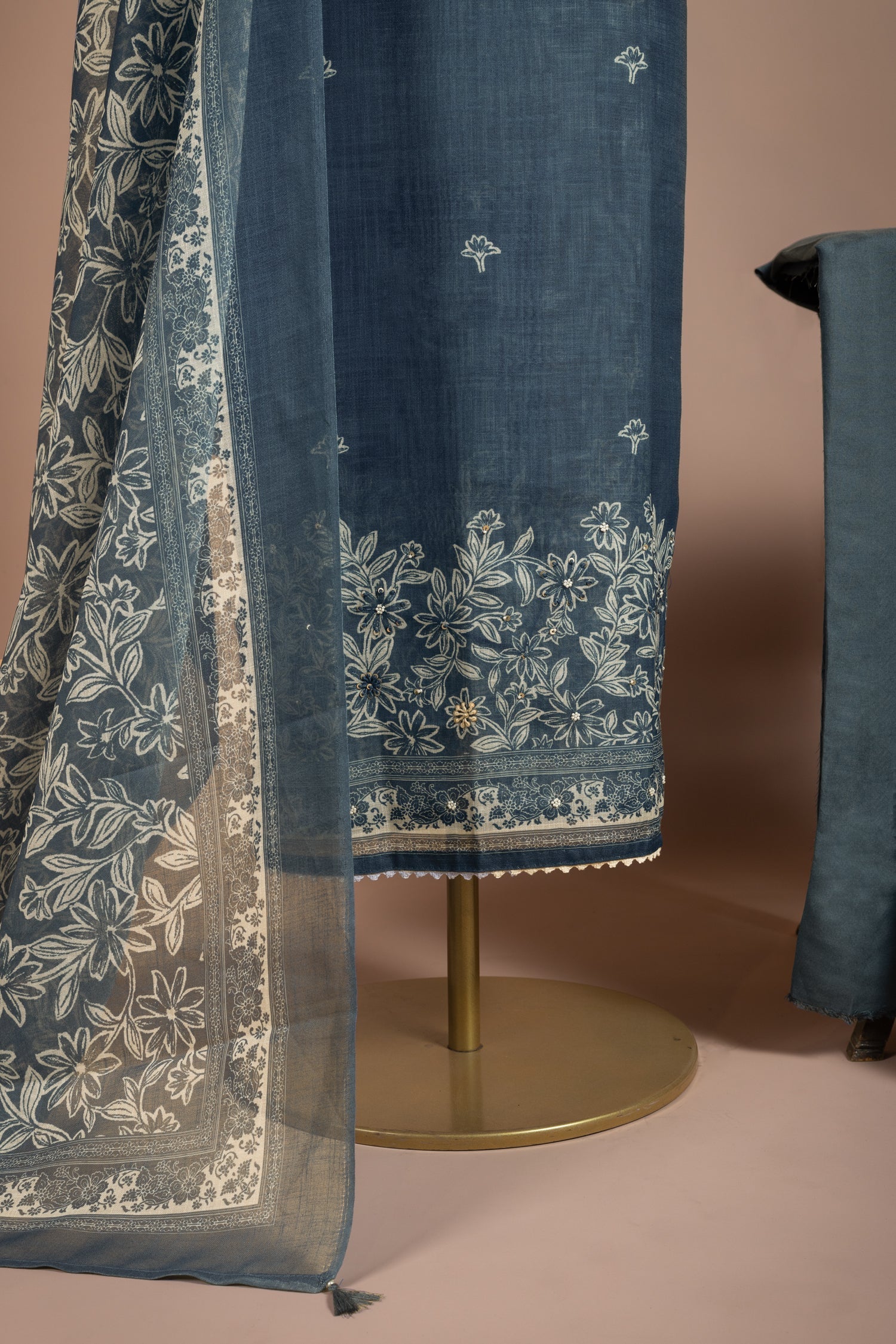Linen Cotton Navy Blue Unstitched Suit Set Sterling House