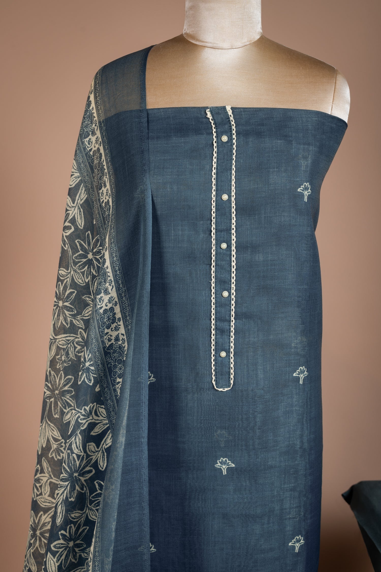 Linen Cotton Navy Blue Unstitched Suit Set Sterling House