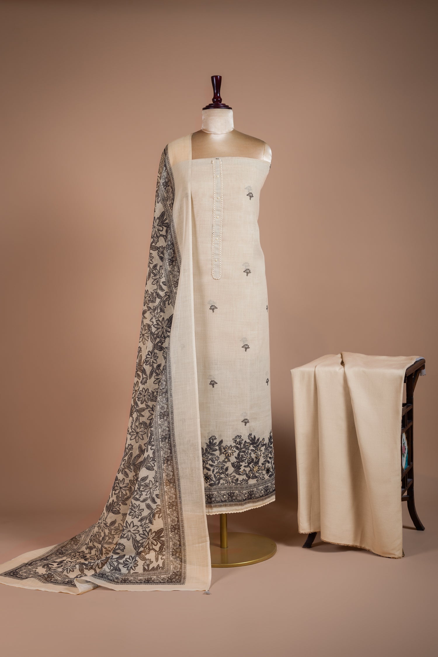 Linen Cotton off -white Unstitched Suit Set Sterling House