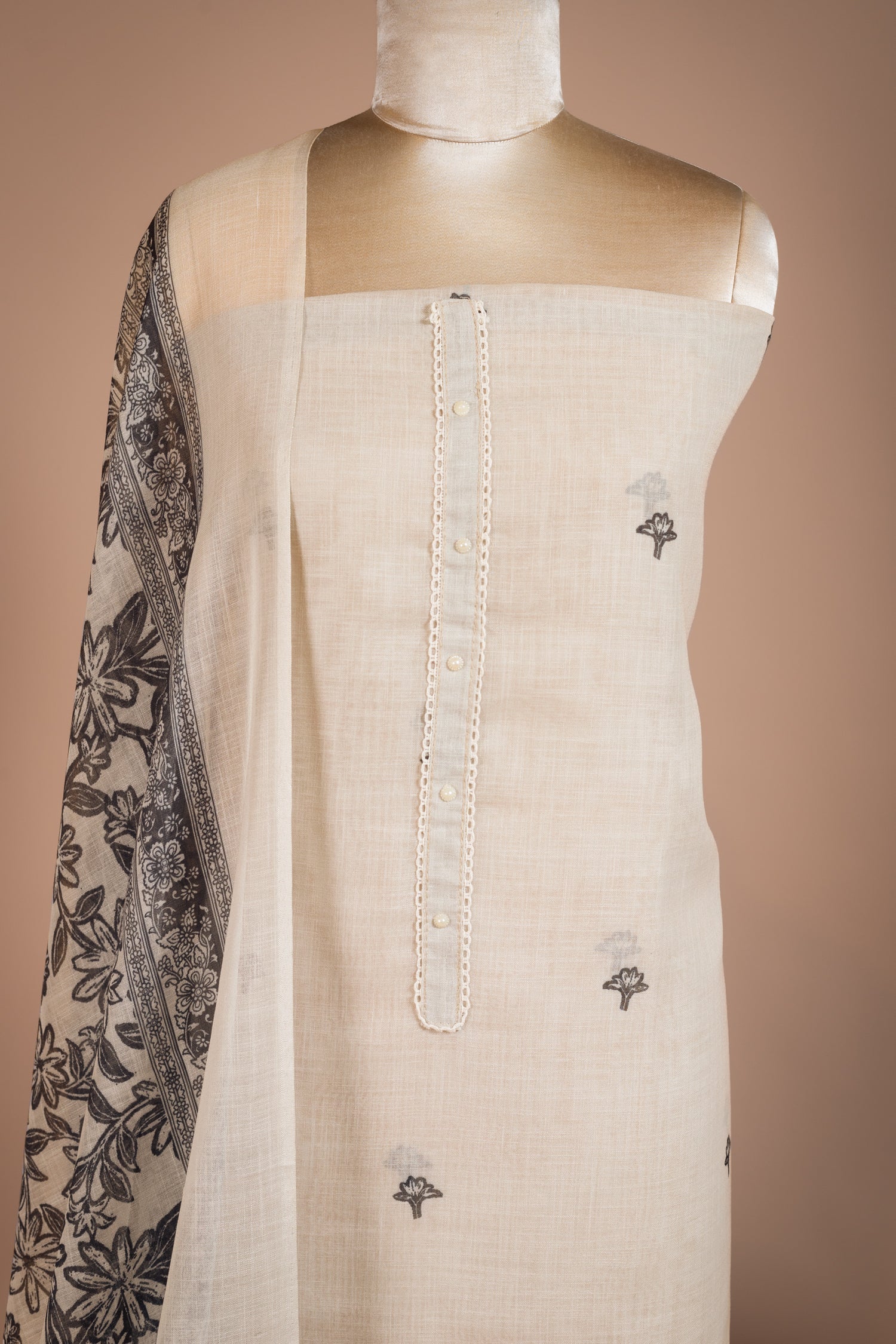 Linen Cotton off -white Unstitched Suit Set Sterling House