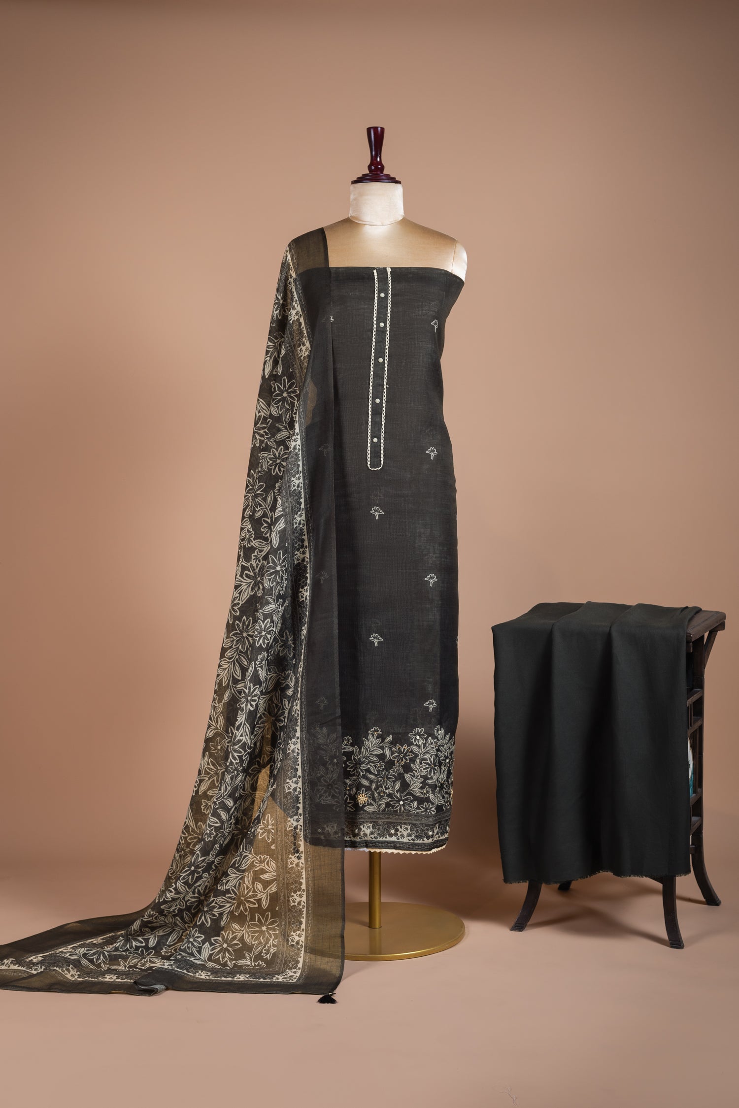 Linen Cotton Black Unstitched Suit Set