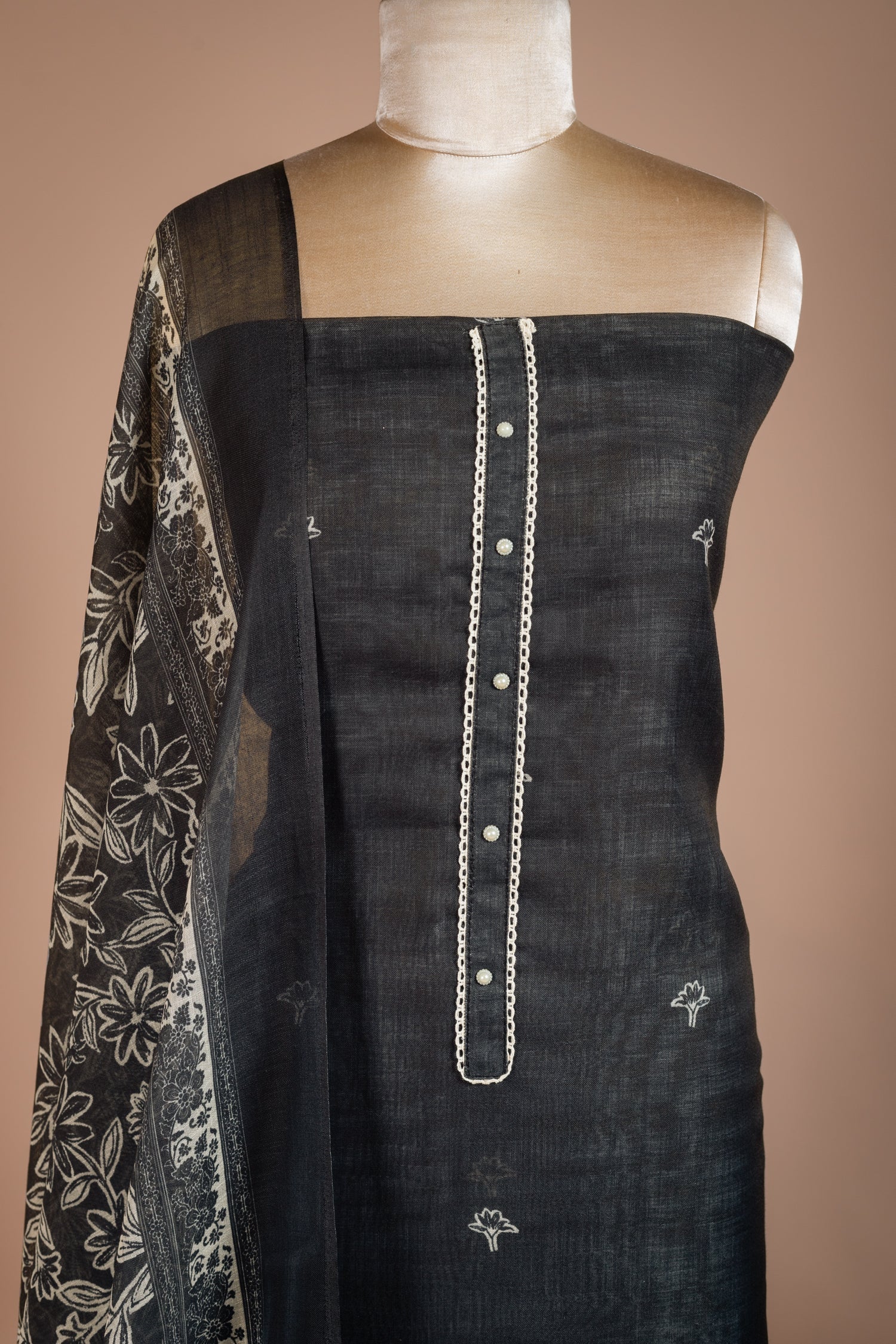 Linen Cotton Black Unstitched Suit Set Sterling House