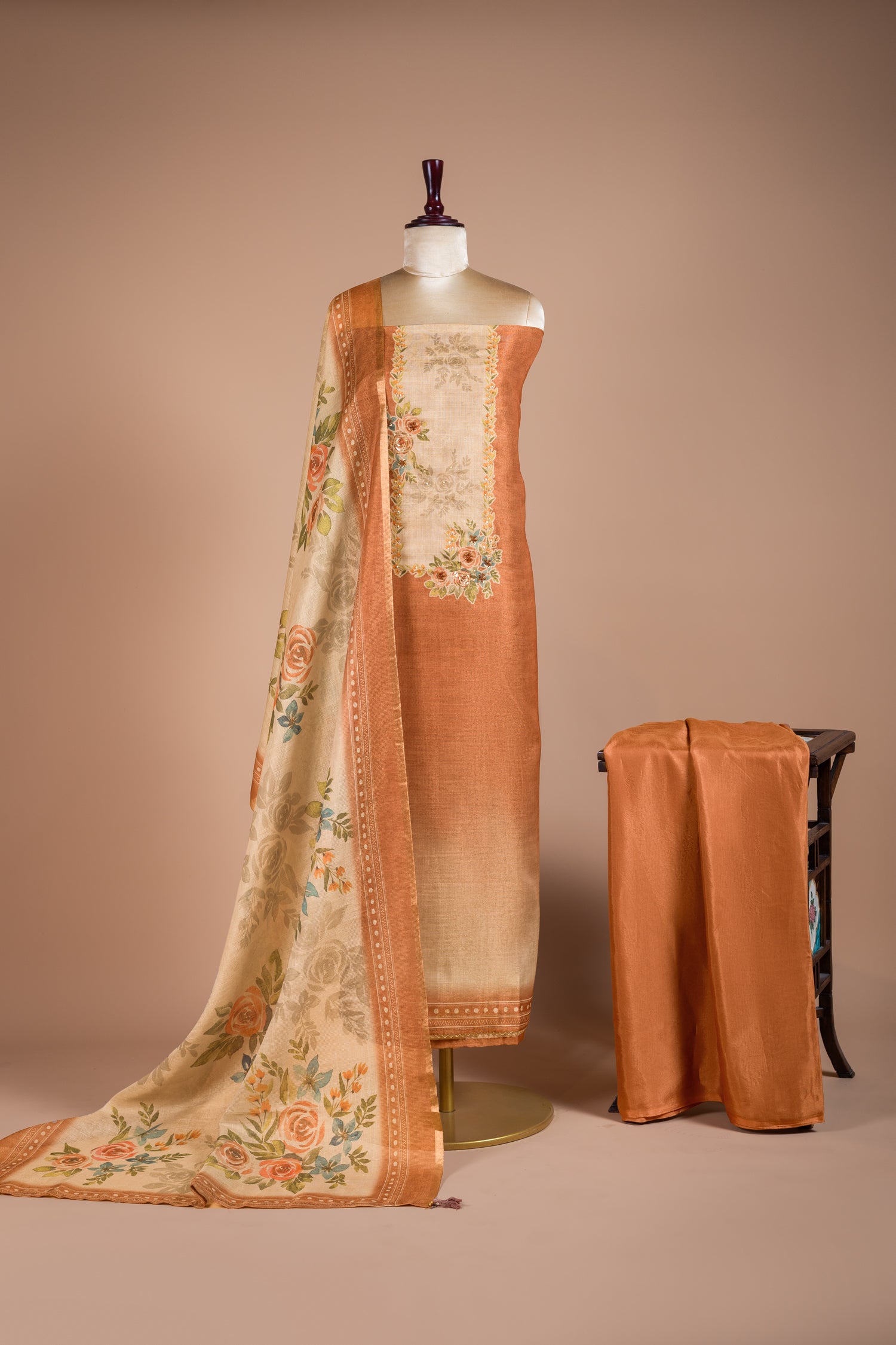 Anokhi Rust Ombre Shimmer Silk Blend Unstitched Suit Set